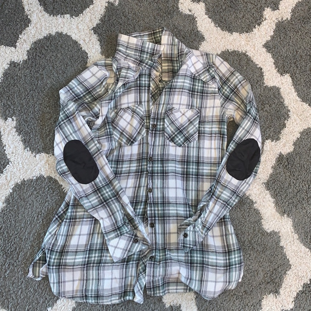 Plaid button up with dark grey elbow pads